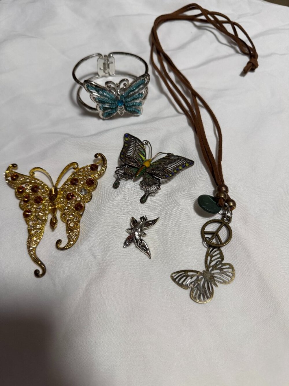 Butterfly Charm Necklace and Assorted Butterfly Pins - Brown and Gold